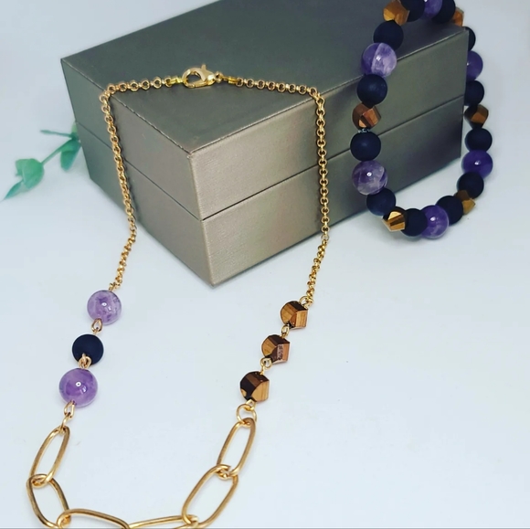 Amethyst, Matte Black Beads and golden Czech glass set - Picture 3 of 4